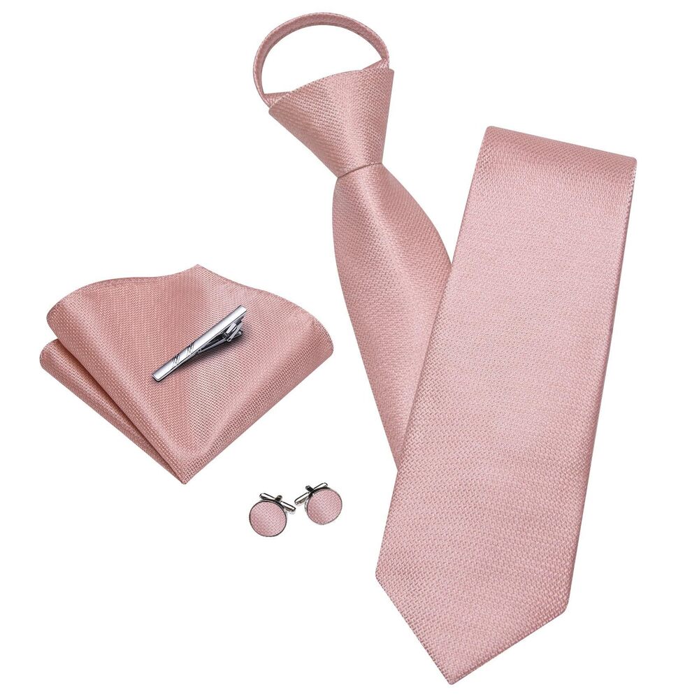 7466 Blush Pink Zipper Ties Solid Pre-Tied Tie with Tie Clip Extra Long